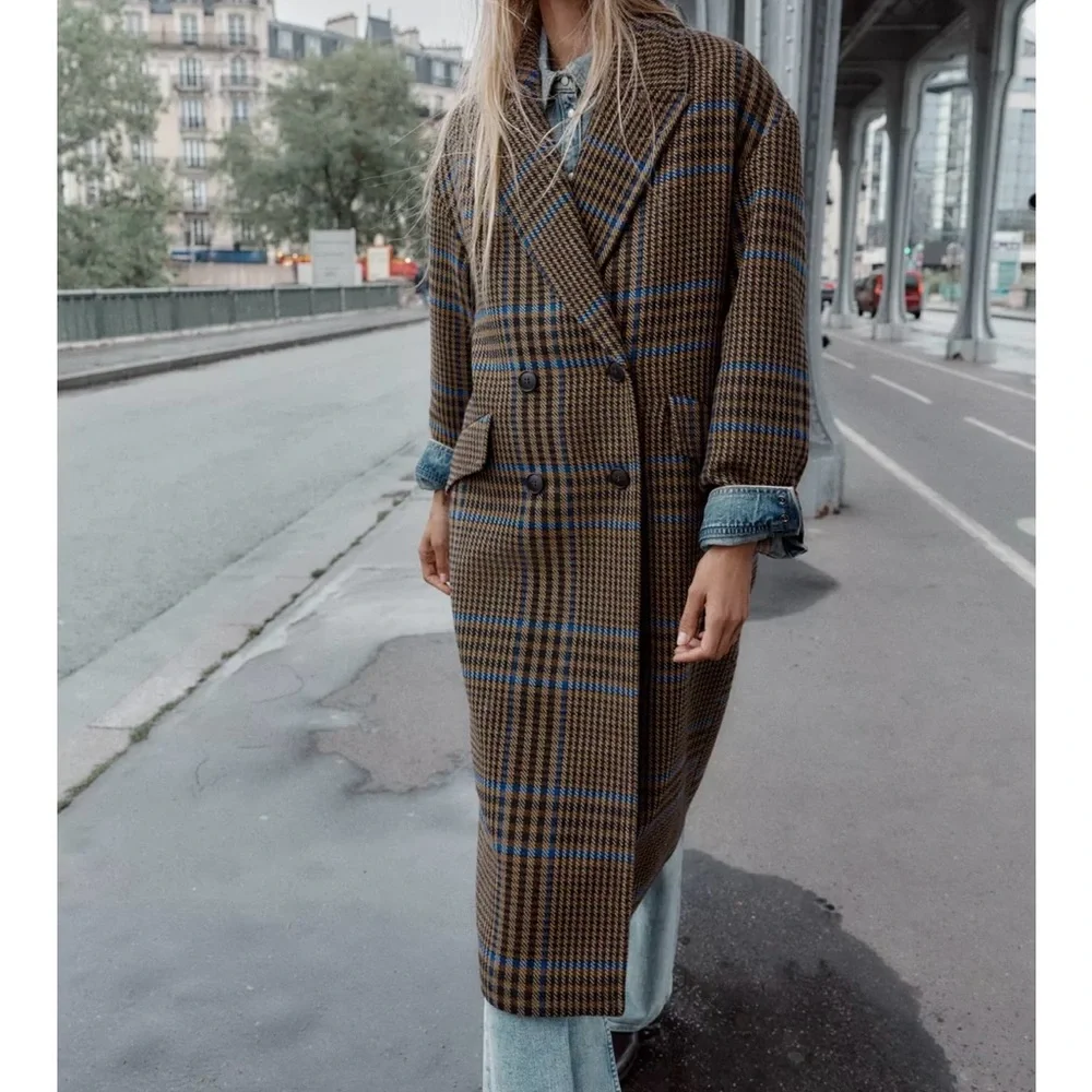 Zara Oversized Plaid Blue and Brown Check Coat - Picture 7 of 7